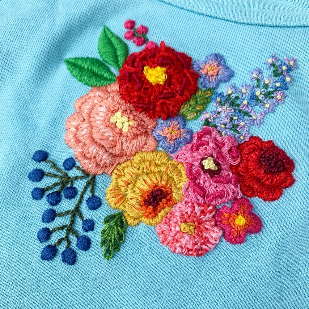 Hand Embroidered Aqua Rifle Paper Inspired Floral Women's Sweatshirt Size S
